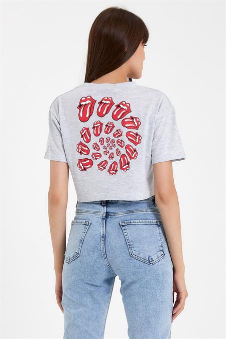 Lacivert Kadın Dil Ön Arka Baskılı Crop Tshirt-xdlbyntstr04m