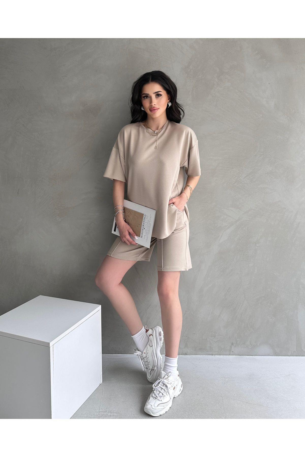 TARZ COOLAlt - Üst TakımŞORTLU3368Kadın Modal Kumaş Oversize Kısa Kollu Kadın Eşofman Takımı, Şortlu, Bağcıklı Yumuşak Kumaş