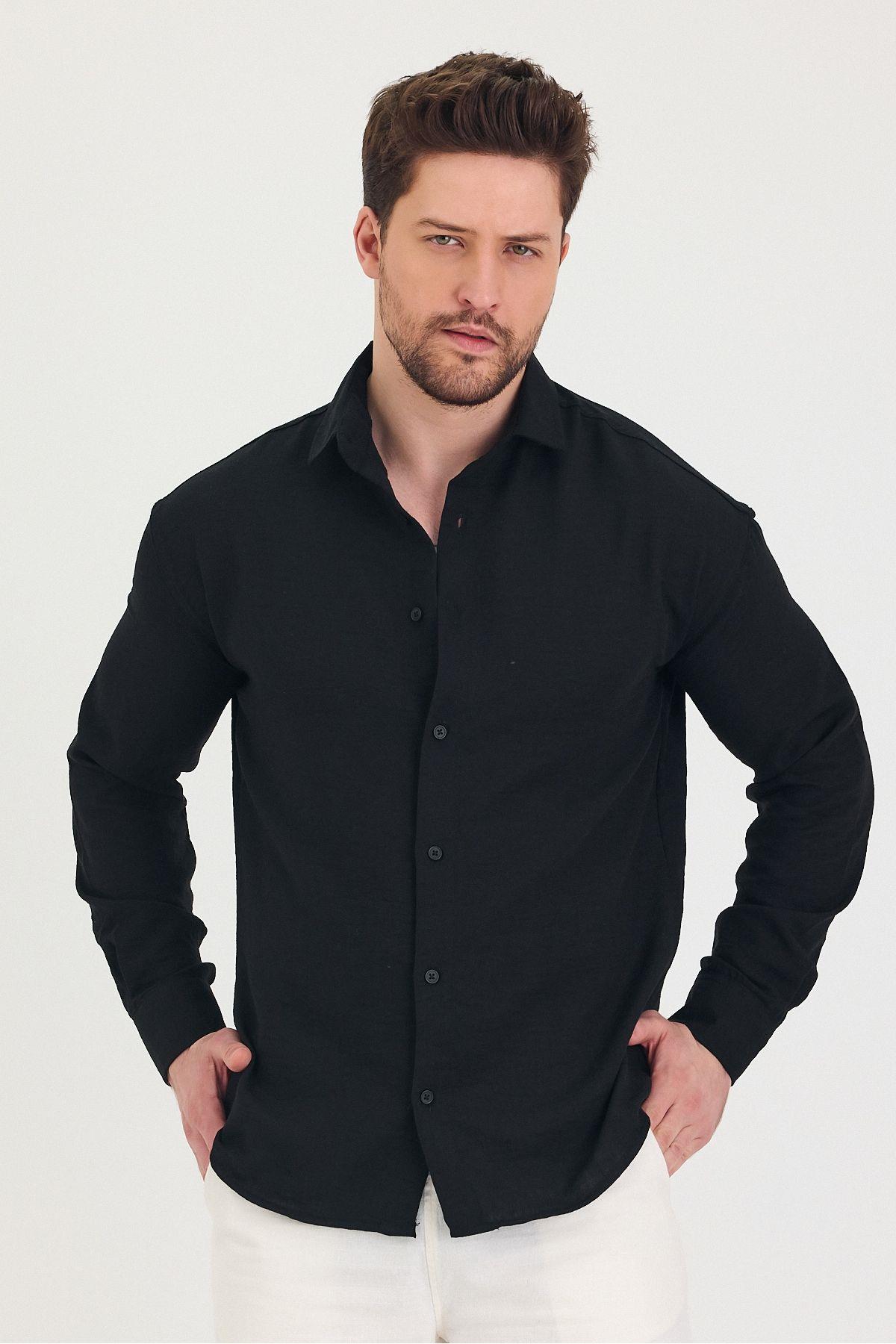 TARZ COOLGömlekDüzgöm01Erkek Slim Fit Dar Kalıp Uzun Kol Pamuklu Keten Efekt Gömlek