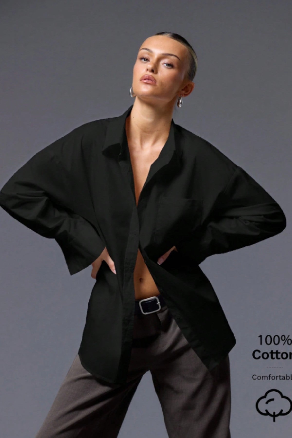 Tarz CoolGömlekKGM-OVR-002-Siyah-LKadın Oversize Gömlek Uzun Kollu Basic Salaş Kesim Poplin Trend Şık Günlük Gömlek