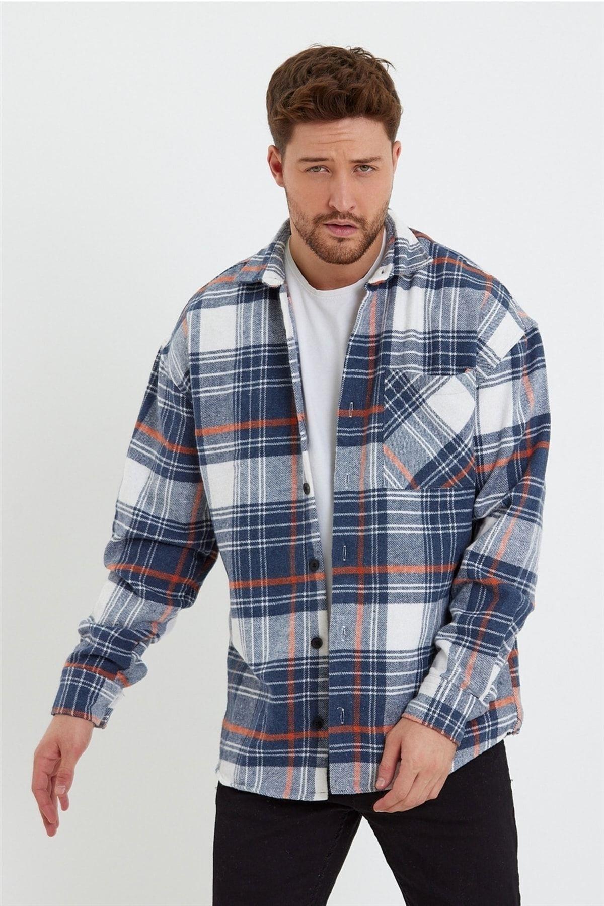 TARZ COOLGömlekODG001Beyaz-Füme-Kırmızı Erkek Regular Fit Oduncu Ekose Çift Cep Kapaklı Gömlek