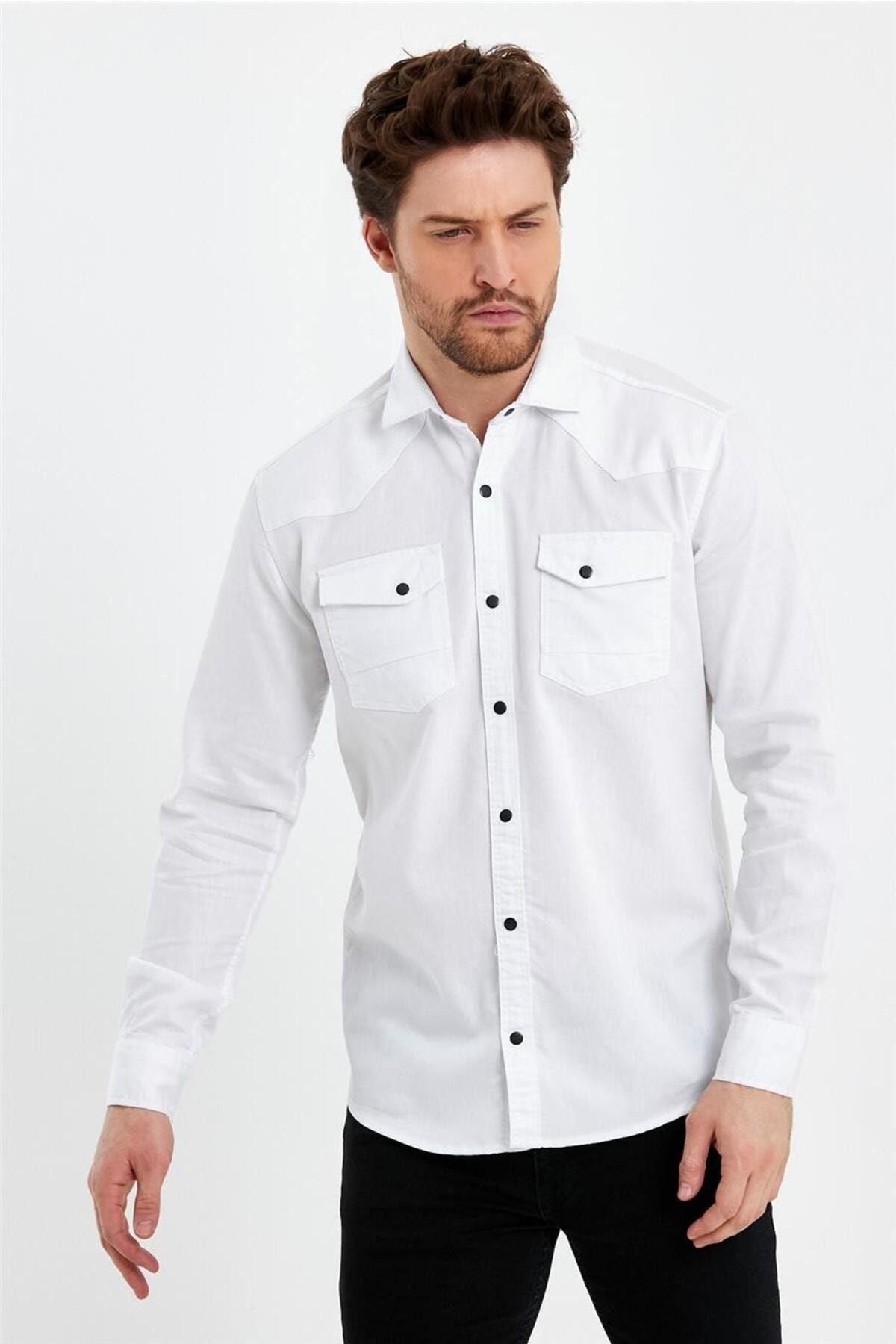 TARZ COOLGömlekTCKTGMLKR20Beyaz Erkek Çift Cepli Çıt Çıt Düğmeli Slim Fit Kot Gömlek-TCKTGMLKR20S
