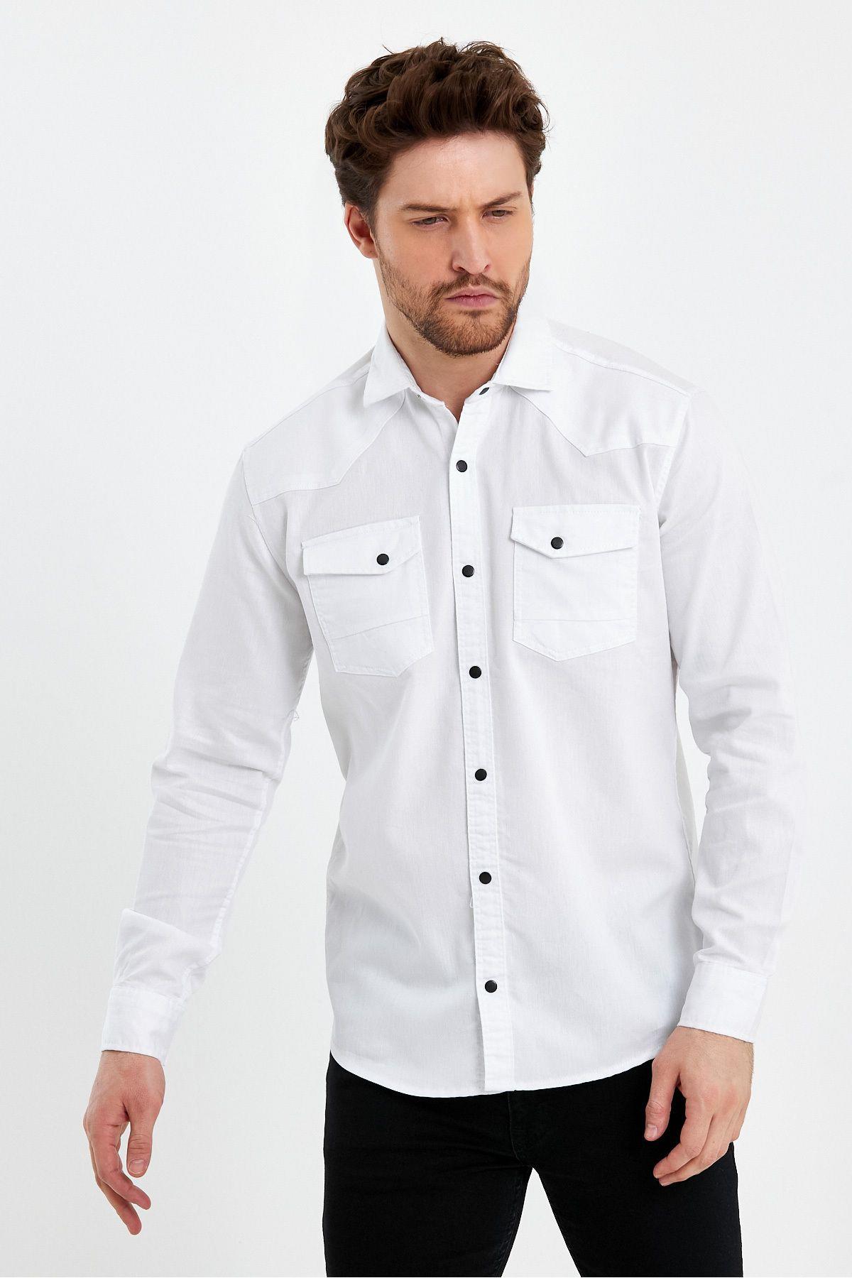 TARZ COOLGömlekTYC00726268850Erkek Beyaz Çift Cepli Çıt Çıt Düğmeli Slim Fit Kot Gömlek-tcktgmlkr21s