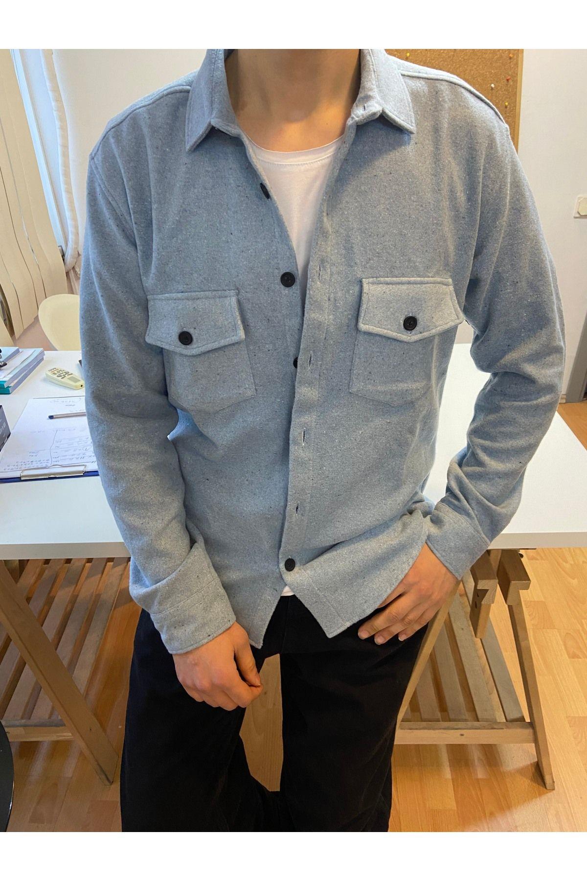 TARZ COOLGömlekTYCSPG2WKN170539327299301Turkuaz Erkek Slim Fit Düğmeli Yaka Çift Cepli Düz Oduncu Gömlek