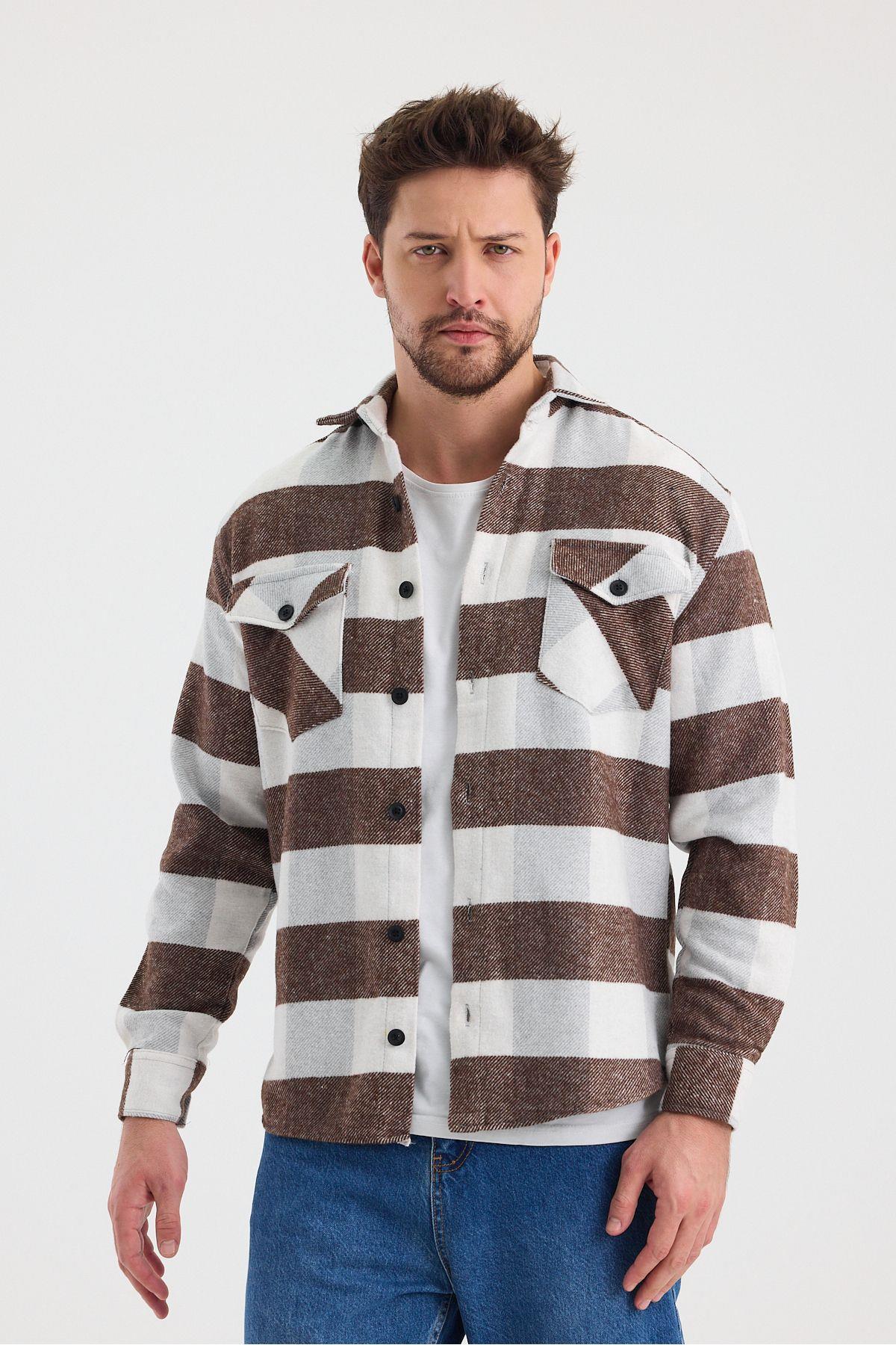 TARZ COOLGömlekYNODGG01Erkek Slim Fit Gömlek Yaka Düğmeli Çift Cep Kapaklı Oduncu Ekose Gömlek