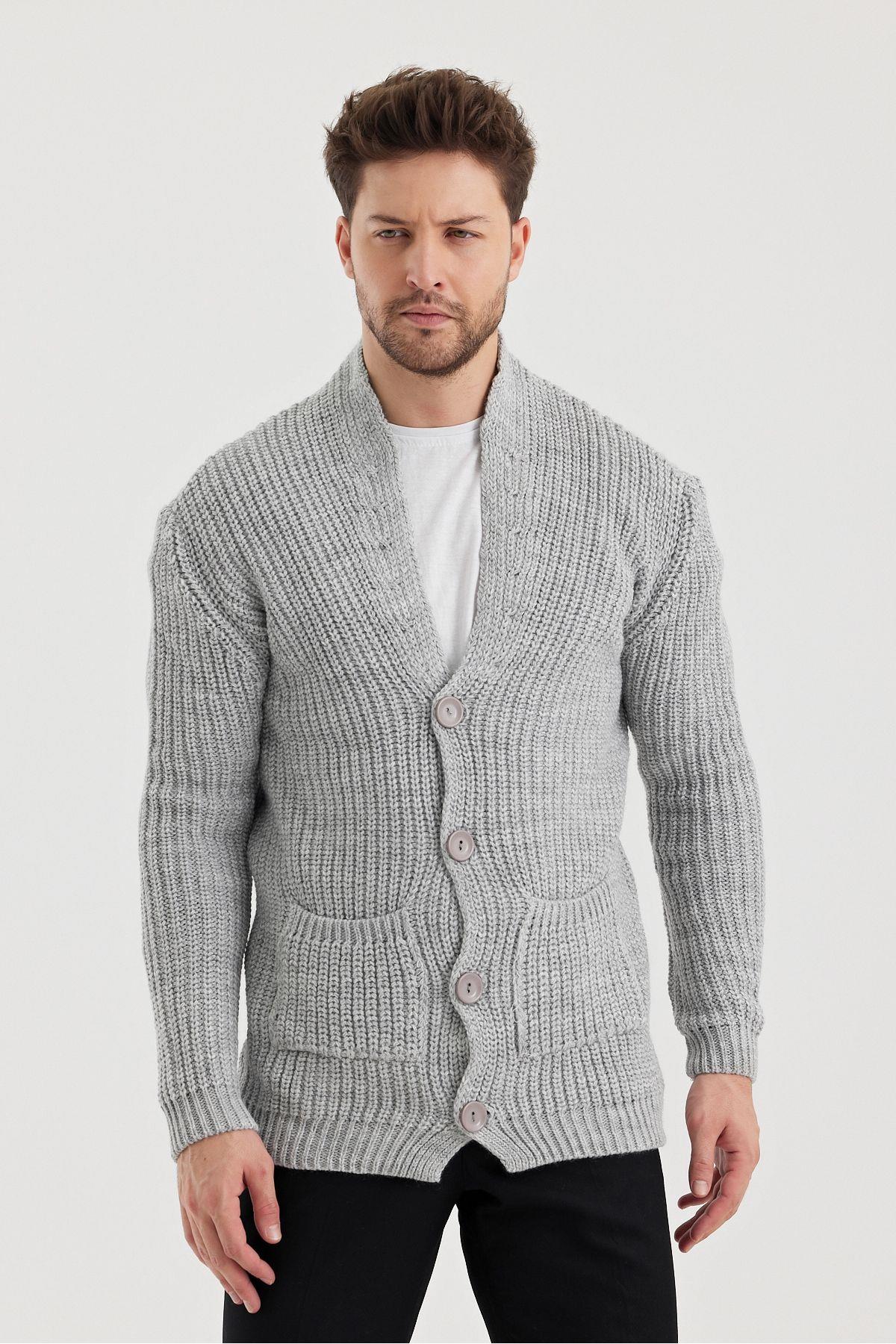 TARZ COOLHırkaHRK35566Erkek Gri Düğmeli Slim Fit Cepli Triko Hırka