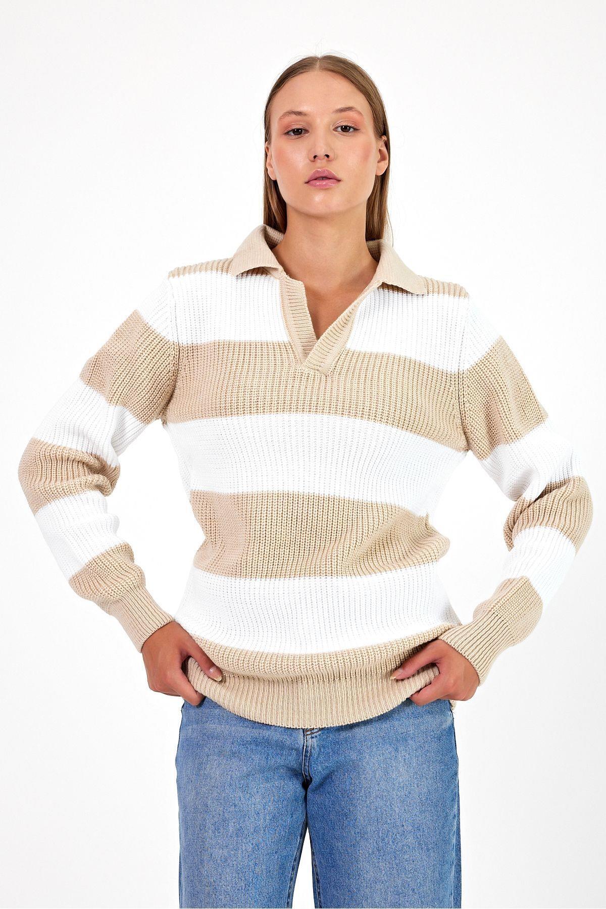 TARZ COOLKazakKDNTRZ19185Kadın Çizgili Şeritli Comfort V Polo Yaka Triko