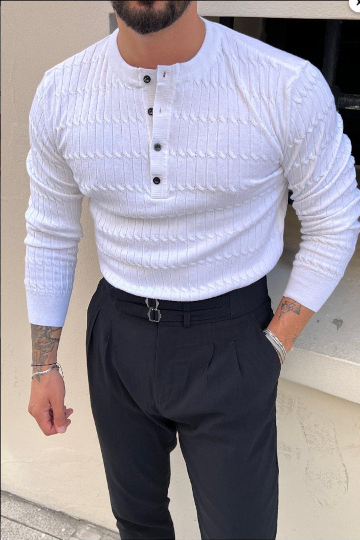 TARZ COOLKazakTYC2536F7DFD9FC009Erkek Hakim Yaka Düğme İşlemeli Triko Kazak