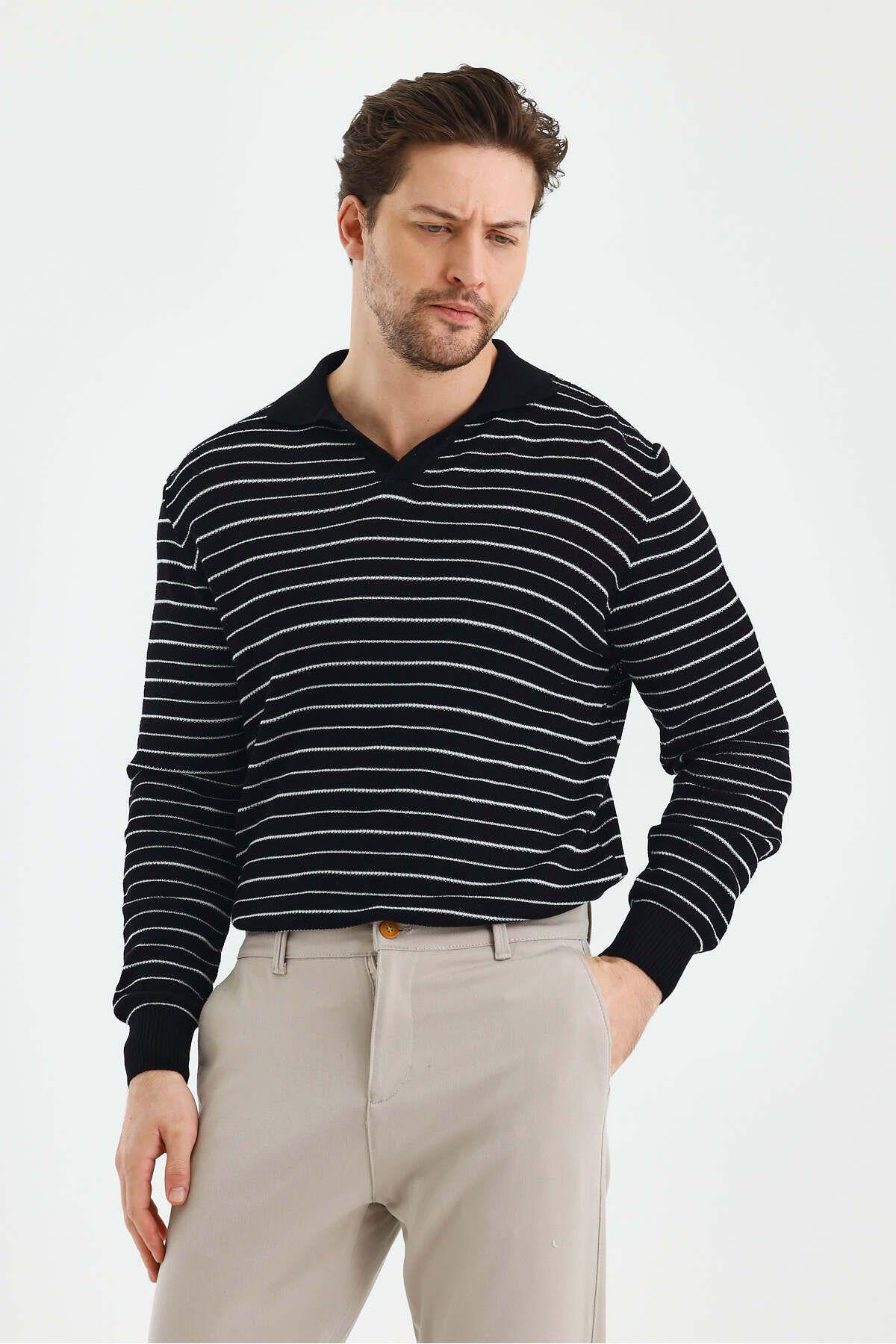 TARZ COOLKazakTZ18132Erkek Patlı Slim Fit Çizgi Detaylı Uzun Kollu Polo Yaka Triko Kazak