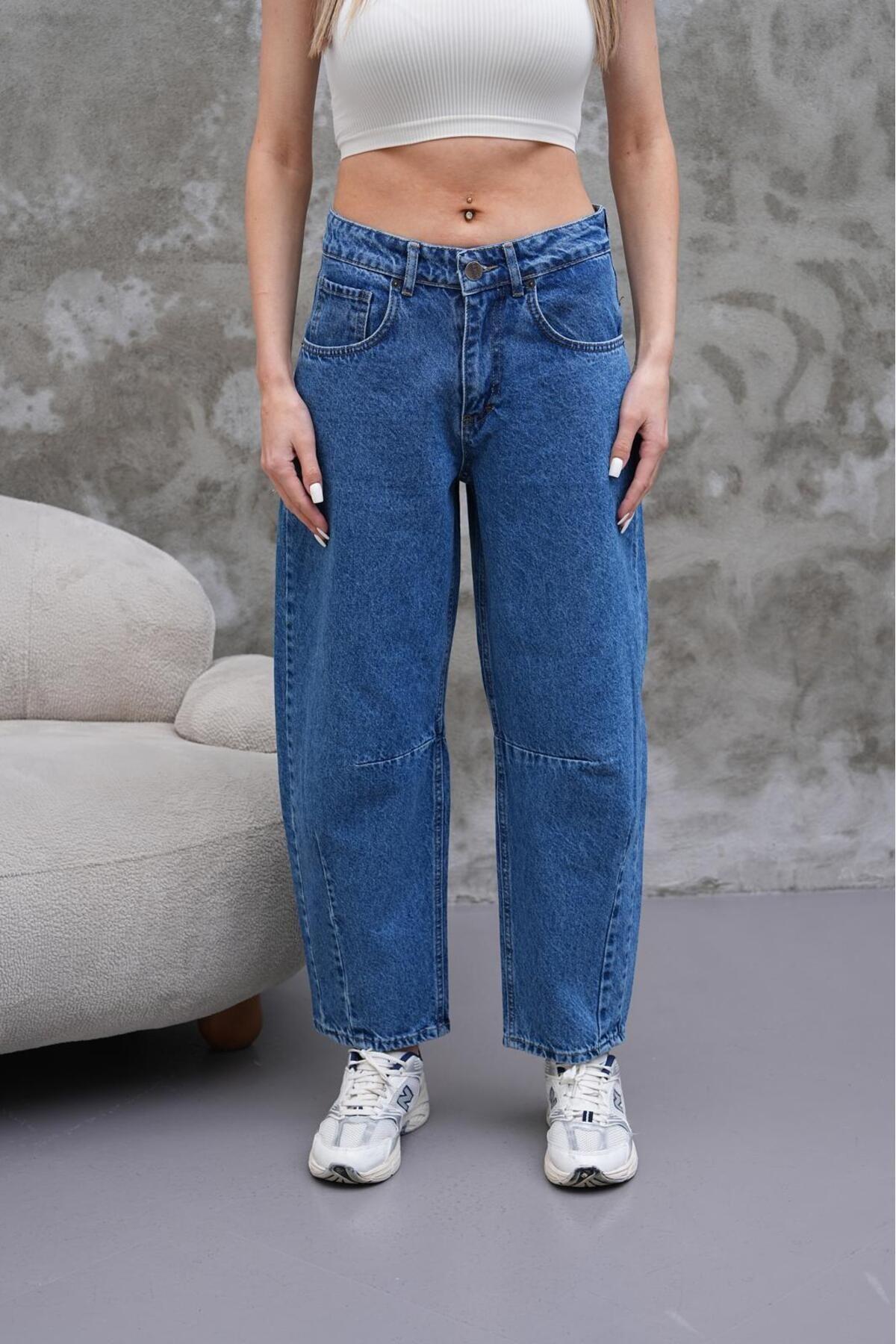 TARZ COOLPantolonMMPNT025Mom Jean Yüksek Bel Bol Kesim Paça Pileli Esnek Kot Pantolon Lacivert