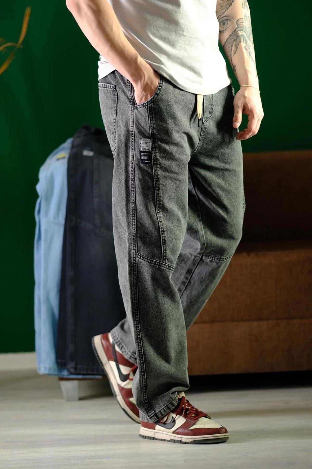 TARZ COOLPantolonRXNBG005Erkek Mavi Bel Lastikli Bağcıklı Baggy Fit Jean Pantolon