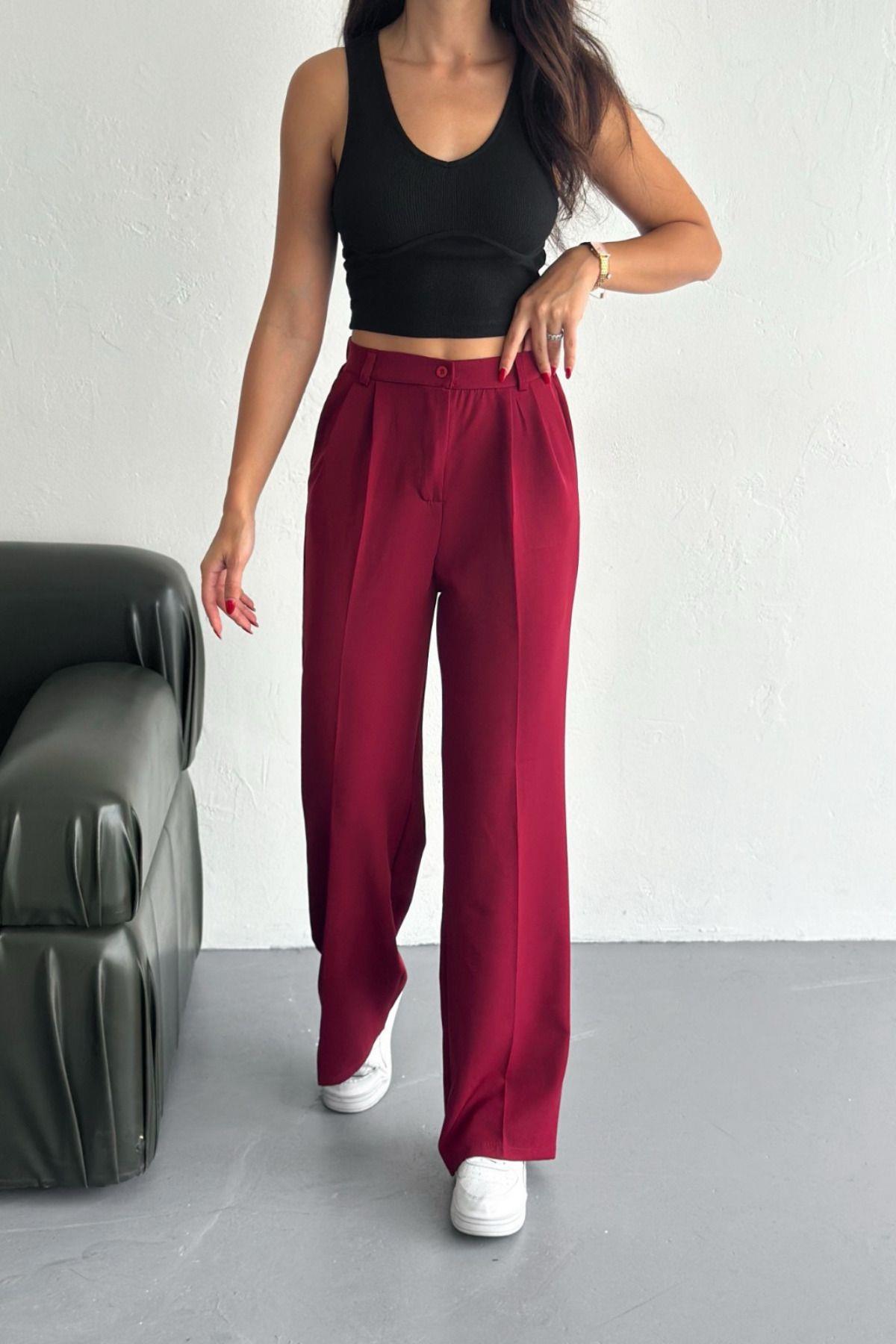 TARZ COOLPantolonTYC19117BE0C4998138C8CB01Kadın Double Bol Paça Palazzo Pantolon Kırmızı