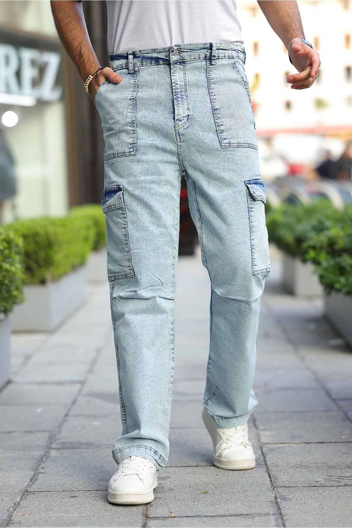 TARZ COOLPantolonYYSRSBGGY01Mavi Erkek Kar Yıkama Kargo Cepli Baggy Denim Pantolon