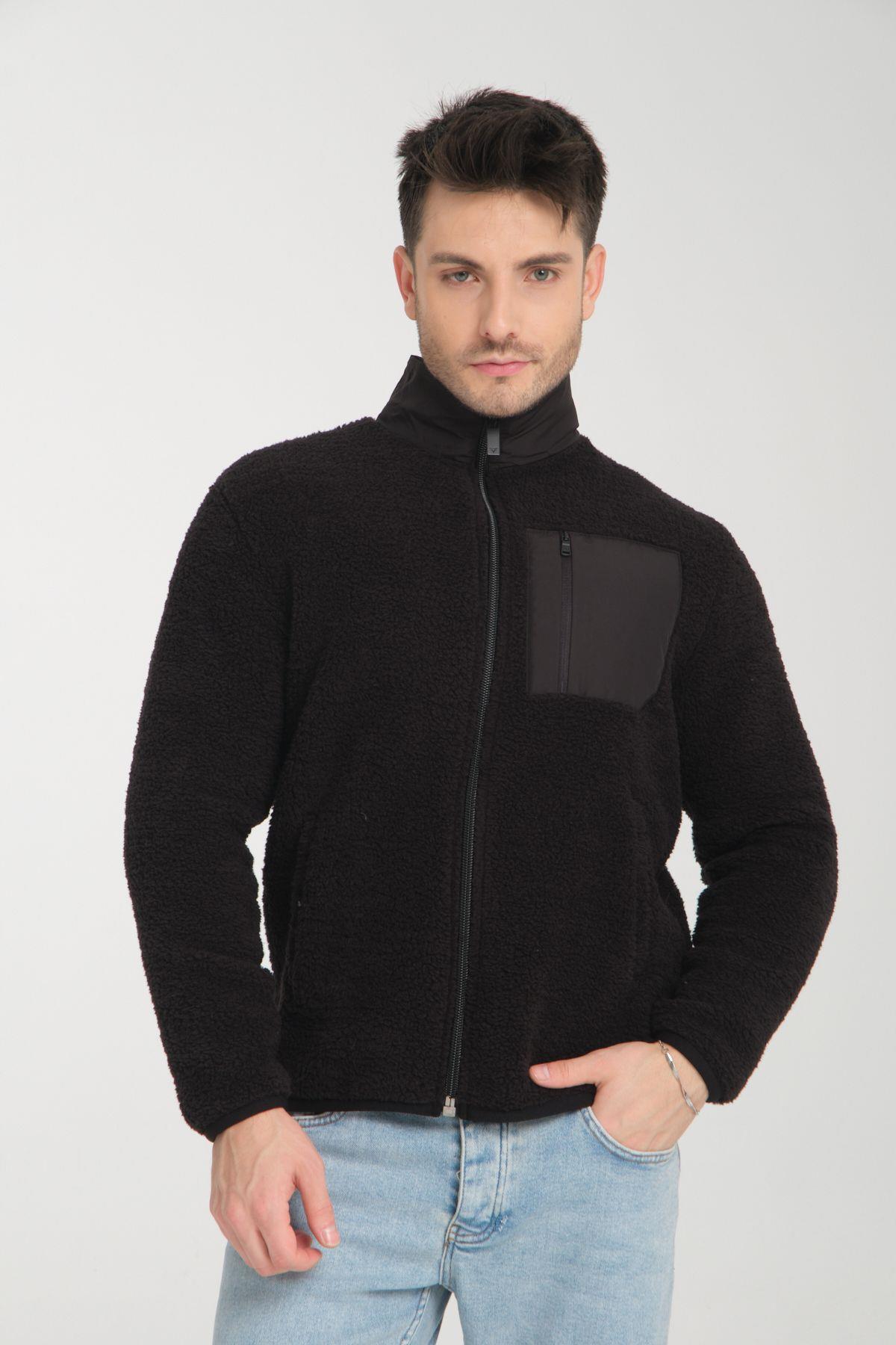 TARZ COOLSweatshirtFABRGS3025Lacivert Fermuarlı Dik Yaka Peluş Sweatshirt