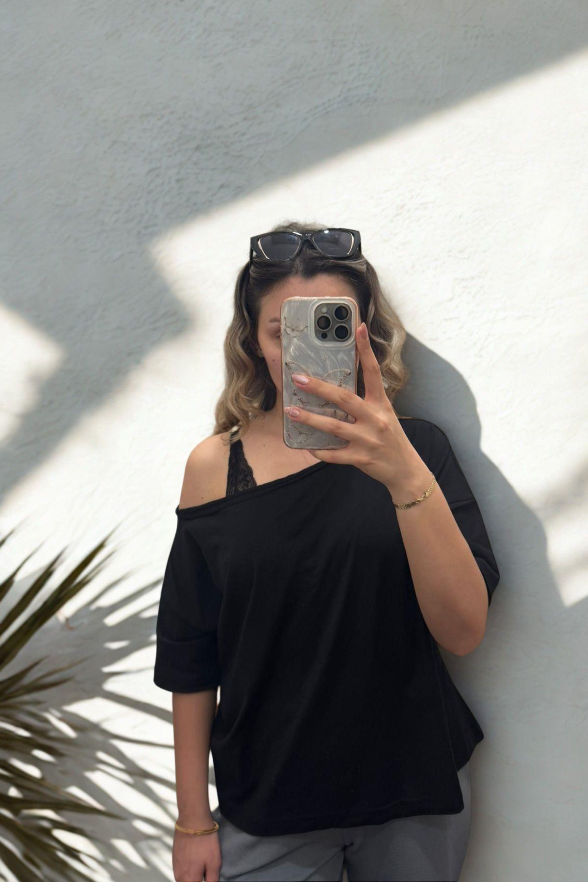 TARZ COOLT-ShirtKDNOVS01Kadın Düşük Omuz Kayık Yaka Oversize T-Shirt