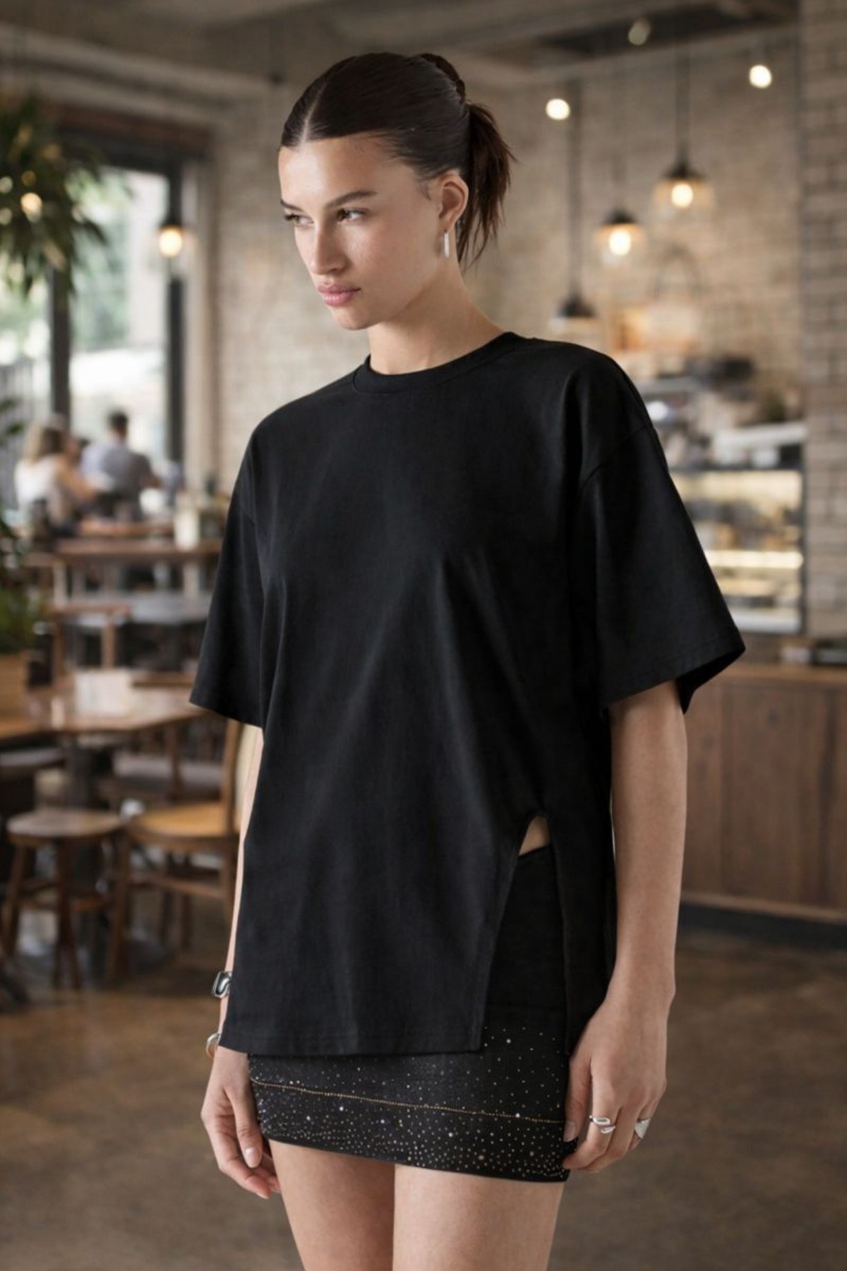 Tarz CoolT-shirtKDNYRT025R02Kadın Hollow Tasarım Salaş Tişört