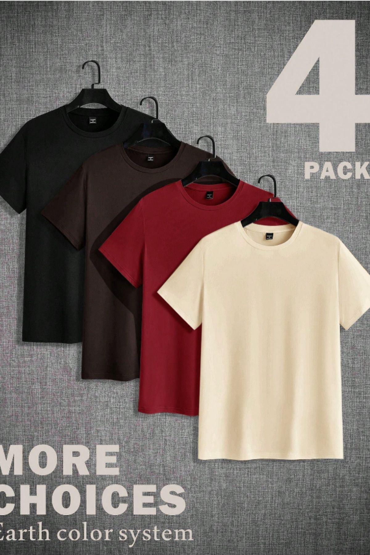 TARZ COOLT-ShirtPKTBS026Erkek 4'Lü Paket Siyah-Kahverengi-Beyaz-Gri Slim Fit Dar Kesim %100 Pamuk Bisiklet Yaka Tişört