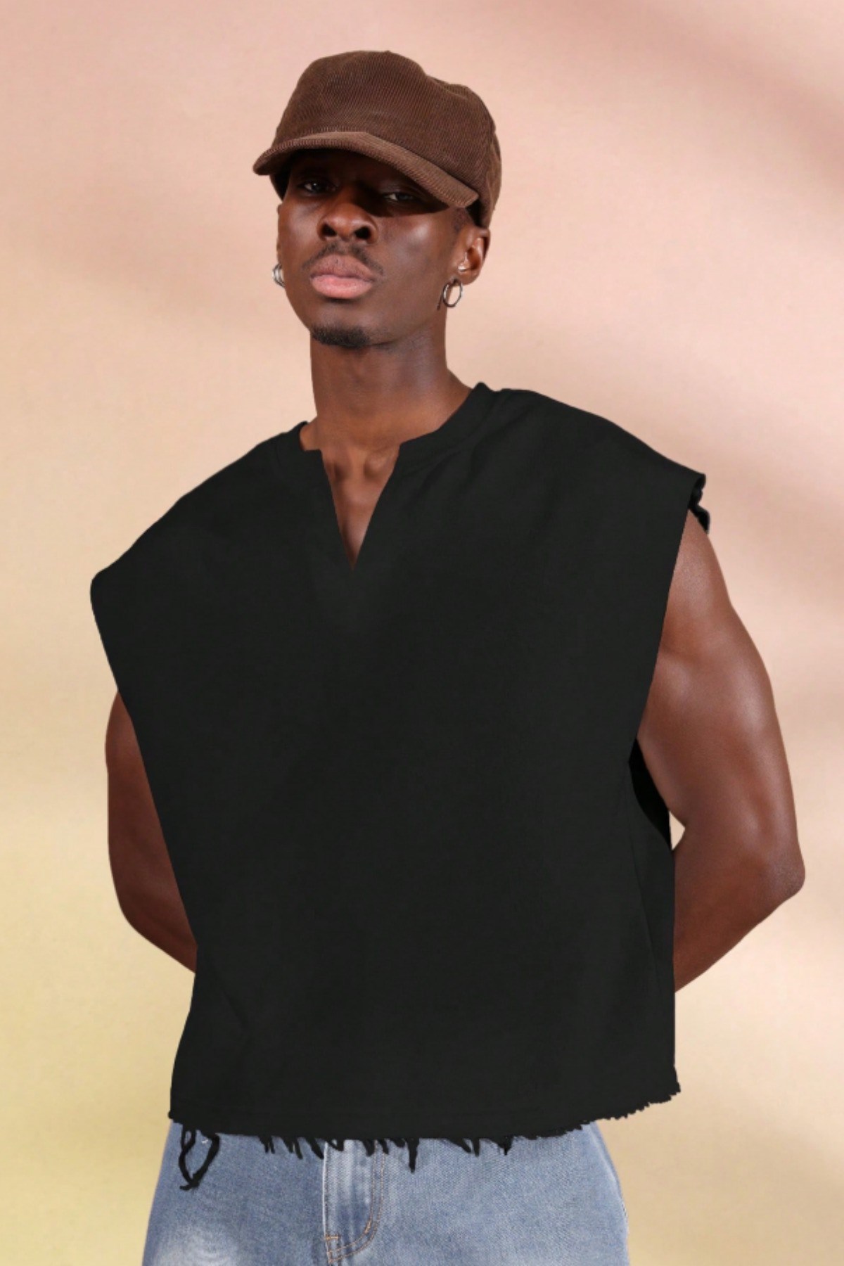 Tarz CoolT-shirtTC-KSS-2603-Siyah-LErkek Oversize Kolsuz Sweatshirt V Yaka Streetwear T-Shirt