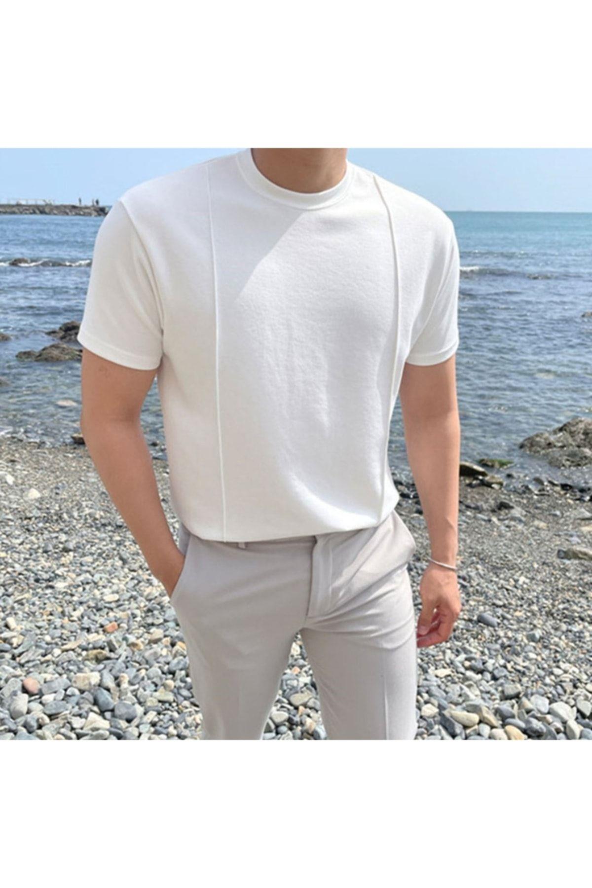 TARZ COOLT-ShirtTC00420Erkek Koyu Lacivert Kısa Kollu Fitilli Akrilik-Pamuk Karışımlı Triko T-Shirt
