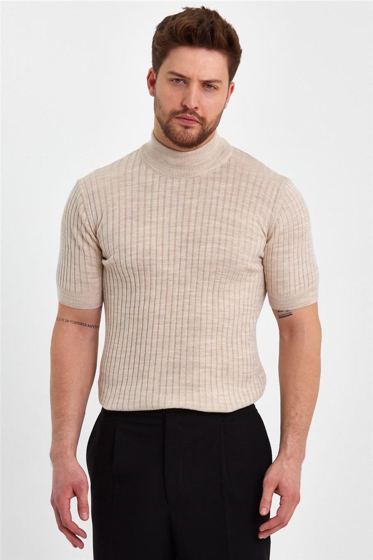 TARZ COOLT-ShirtTRZ19233Açık Gri Erkek Yarım Balıkçı Çizgili Triko T-shirt-TRZ19233R10S