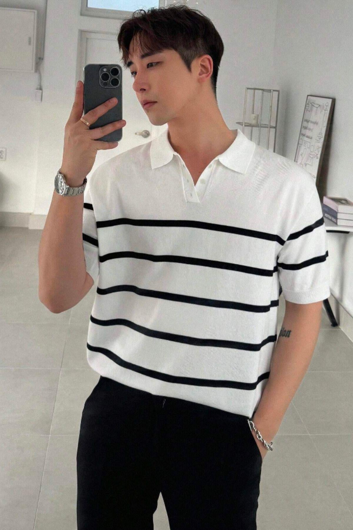TARZ COOLT-ShirtTRZ3013Erkek BejDüğmeli Polo Yaka Çizgi Detaylı Slim Fit Triko T-Shirt