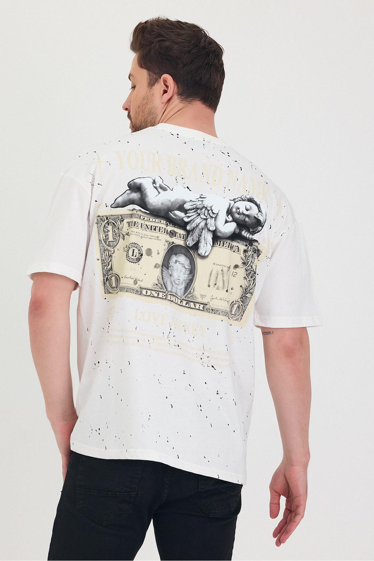 TARZ COOLT-ShirtTSH-U-25SS-005Beyaz Bisiklet Yaka Oversize Ön Ve Arka Dolar Baskılı Salaş Unisex T-shirt