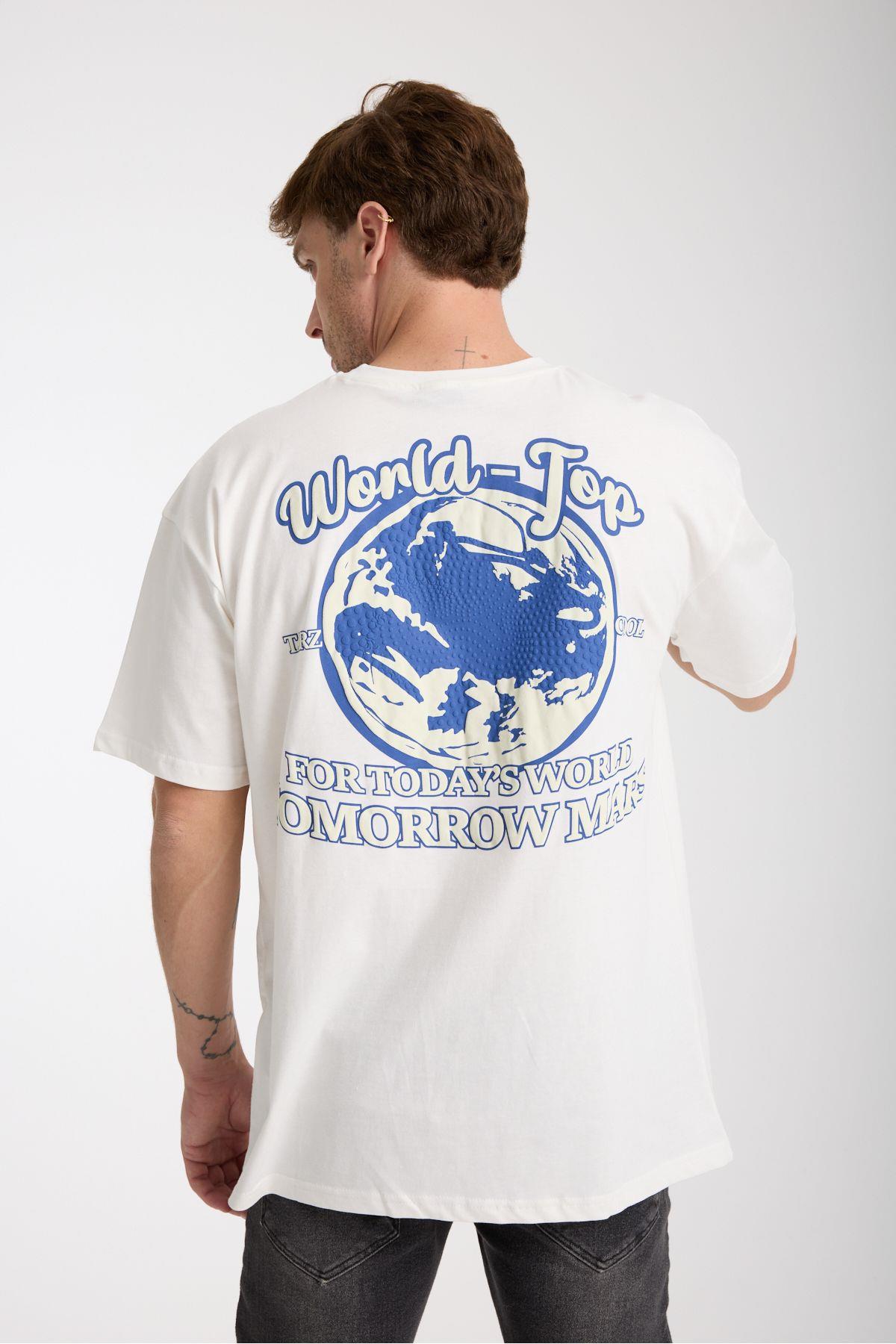 TARZ COOLT-ShirtWORLDTST025Erkek Kahverengi World Ön Ve Arka Baskılı Oversize Bisiklet Yaka T-Shirt