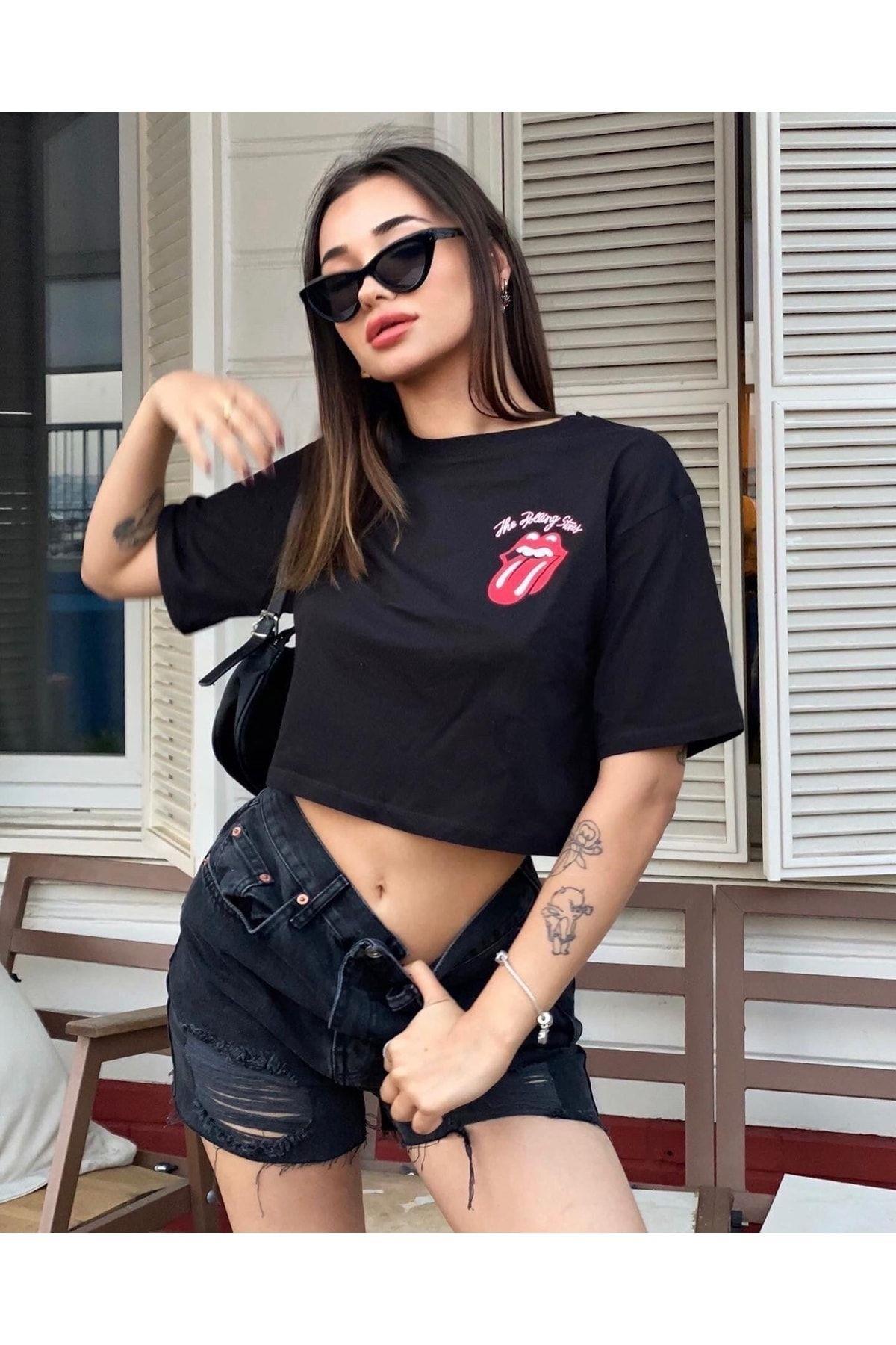 TARZ COOLT-ShirtXDLBYNTSTLacivert Kadın Dil Ön Arka Baskılı Crop Tshirt-xdlbyntstr04m