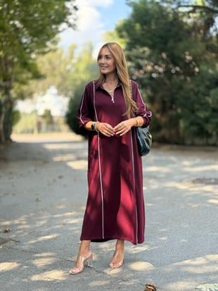 Arabiyeli Yaka Fermuarlı Bordo Modal Elbise