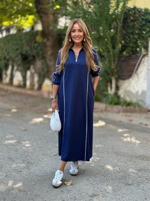 Arabiyeli Yaka Fermuarlı Lacivert Modal Elbise