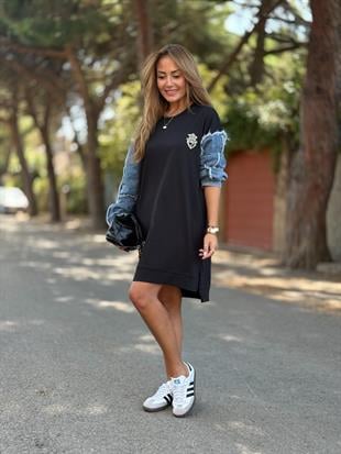 Denim Garnili Armalı Siyah Sweat Elbise