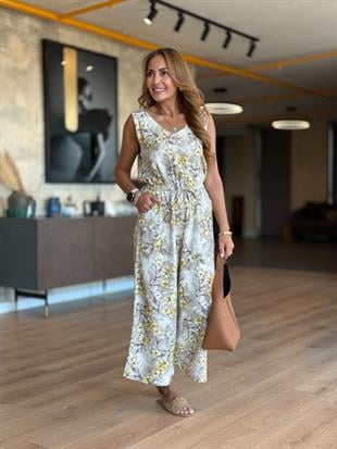 Ekru Sarı Desenli Bel Büzgülü Tulum