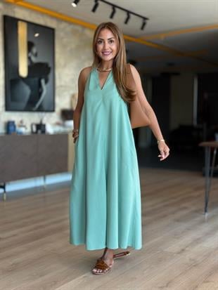 Halter Yaka Mint Midi Boy Elbise