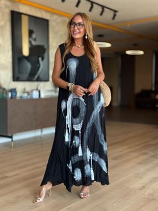 İthal Siyah Beyaz Desenli Kolsuz Pamuk Elbise