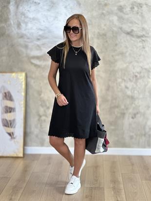 Kol Ve Etek Ucu Güpür Detay Siyah Basic Elbise