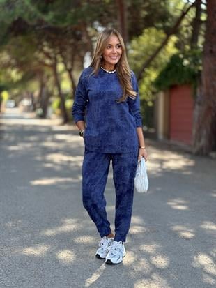 Lacivert Batik Desen Şalvarlı İkili Takım