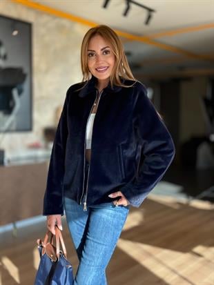 Premium Yakalı Fermuar Detay Lacivert Kürk Ceket
