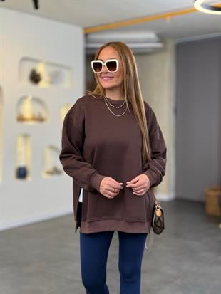 Yan Yırtmaçlı Oversize Kahve Sweatshirt