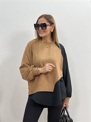 Camel Siyah Poplin Detay Sweatshirt