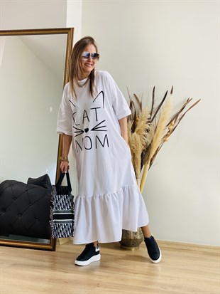 Cat Mom Beyaz Elbise
