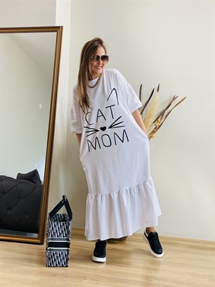 Cat Mom Beyaz Elbise