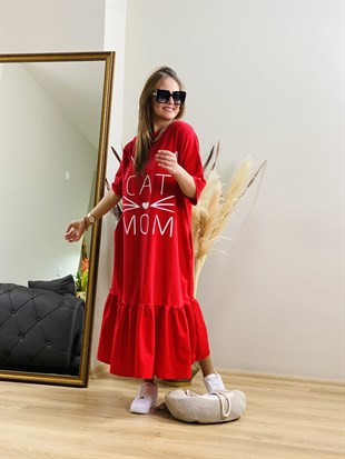Cat Mom Kırmızı Elbise