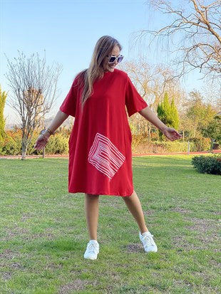 Desenli Cep Kırmızı Basic Elbise