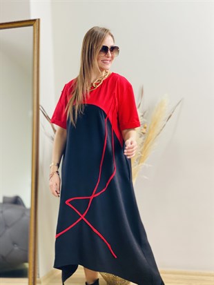 Kırmızı Siyah Asimetrik Elbise