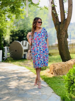 Mavi Çiçekli Keten Oversize Elbise