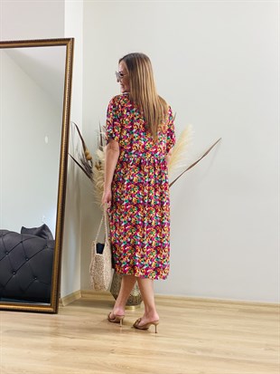Oversize Çiçek Desenli Midi Boy Elbise
