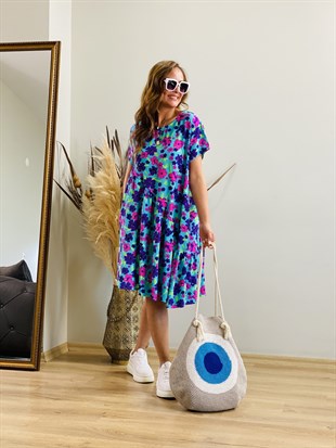 Oversize Turkuaz Desen Elbise