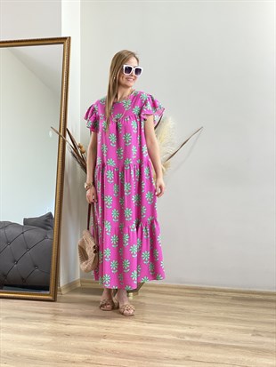 Pembe Yeşil Çiçekli Elbise