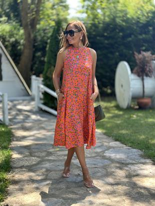 Turuncu C t r Desen Halter Yaka Midi Boy Elbise