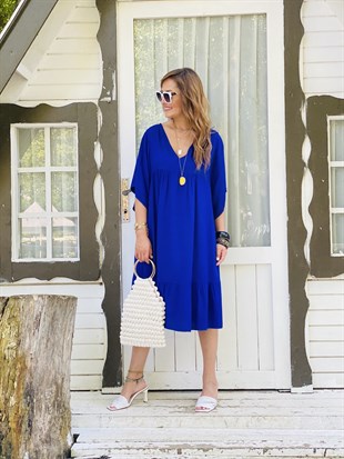 V Yaka Oversize Saks Elbise